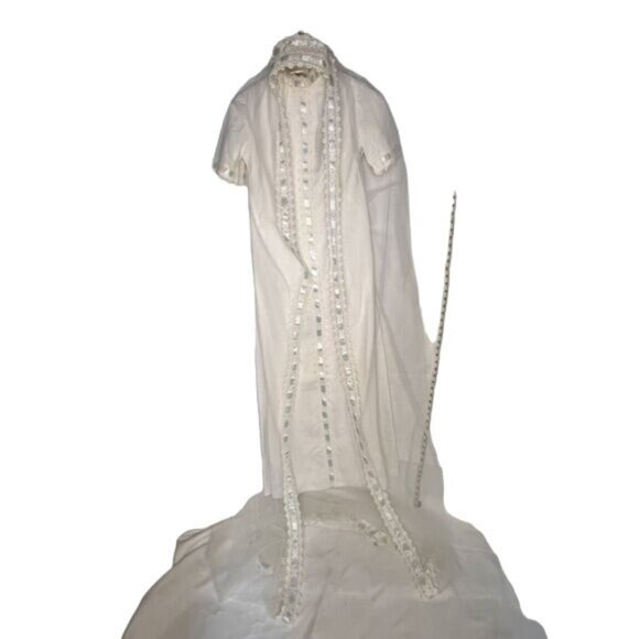 Vintage 70s Cottagecore Boho White Lace Ribbon High Collar Dress and Veil